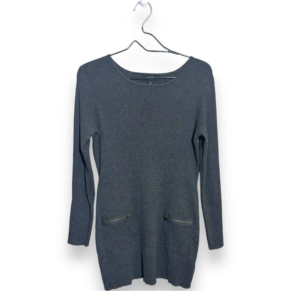 AGB Dark Gray Crewneck Long Sleeve Straight Zip Pocket Front Mini Sweater Dress - Picture 15 of 16